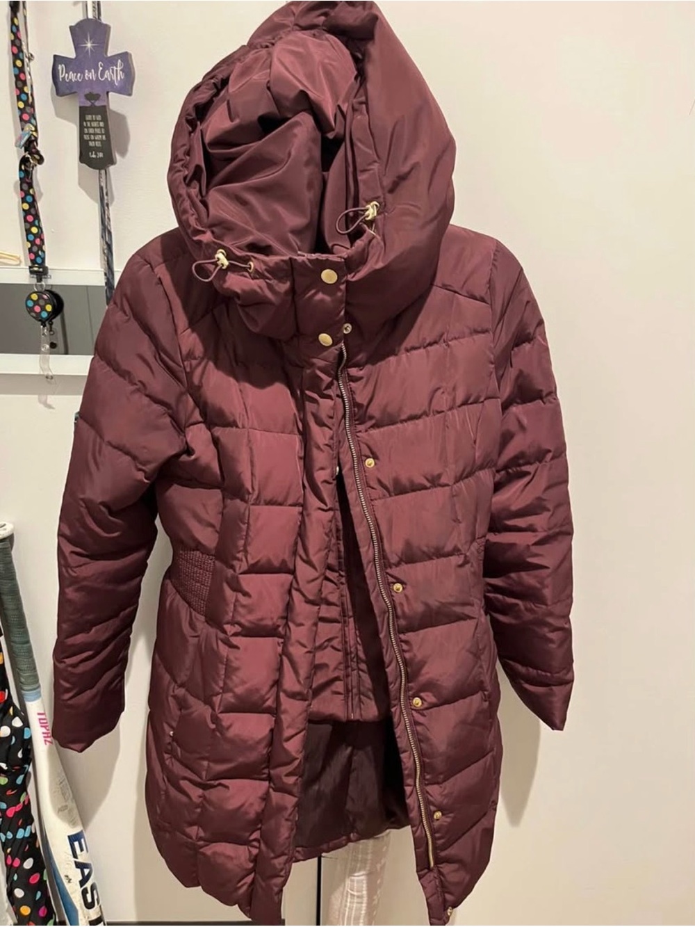 Cole Haan Women's Burgundy Quilted Puffer Coat with Hood